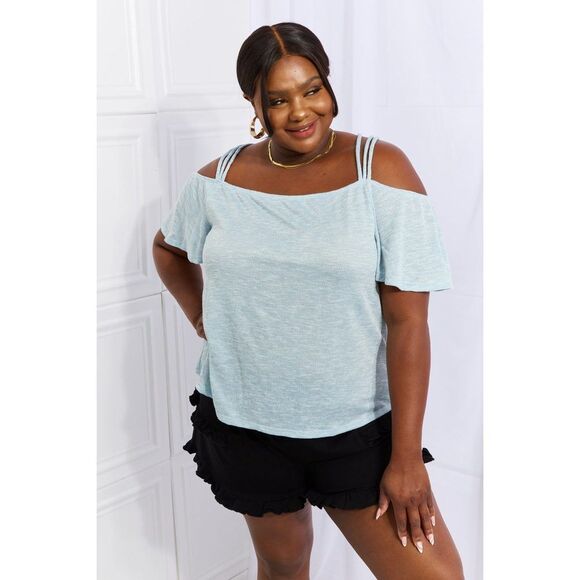 Culture Code On The Move Full Size Off The Shoulder Flare Sleeve Top In Ice Blue - Picture 1 of 10